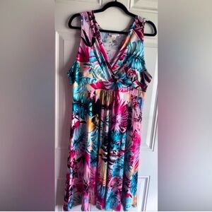 EUC Gorgeous Multicolor Sunset Tropical Palm Leaf Print Flattering MIDI Dress